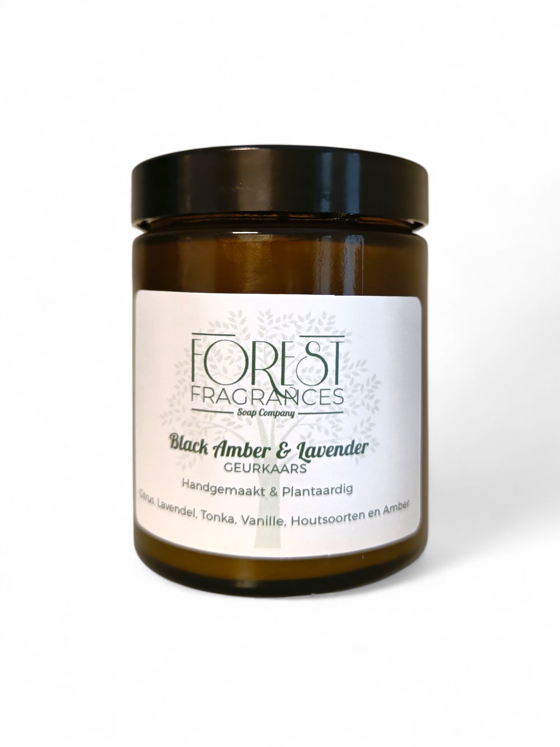 geurkaars lavendel en amber - Forest Fragrances geurkaars met de geur van lavendel en amber. In amberkleurig glas met zwart deksel.