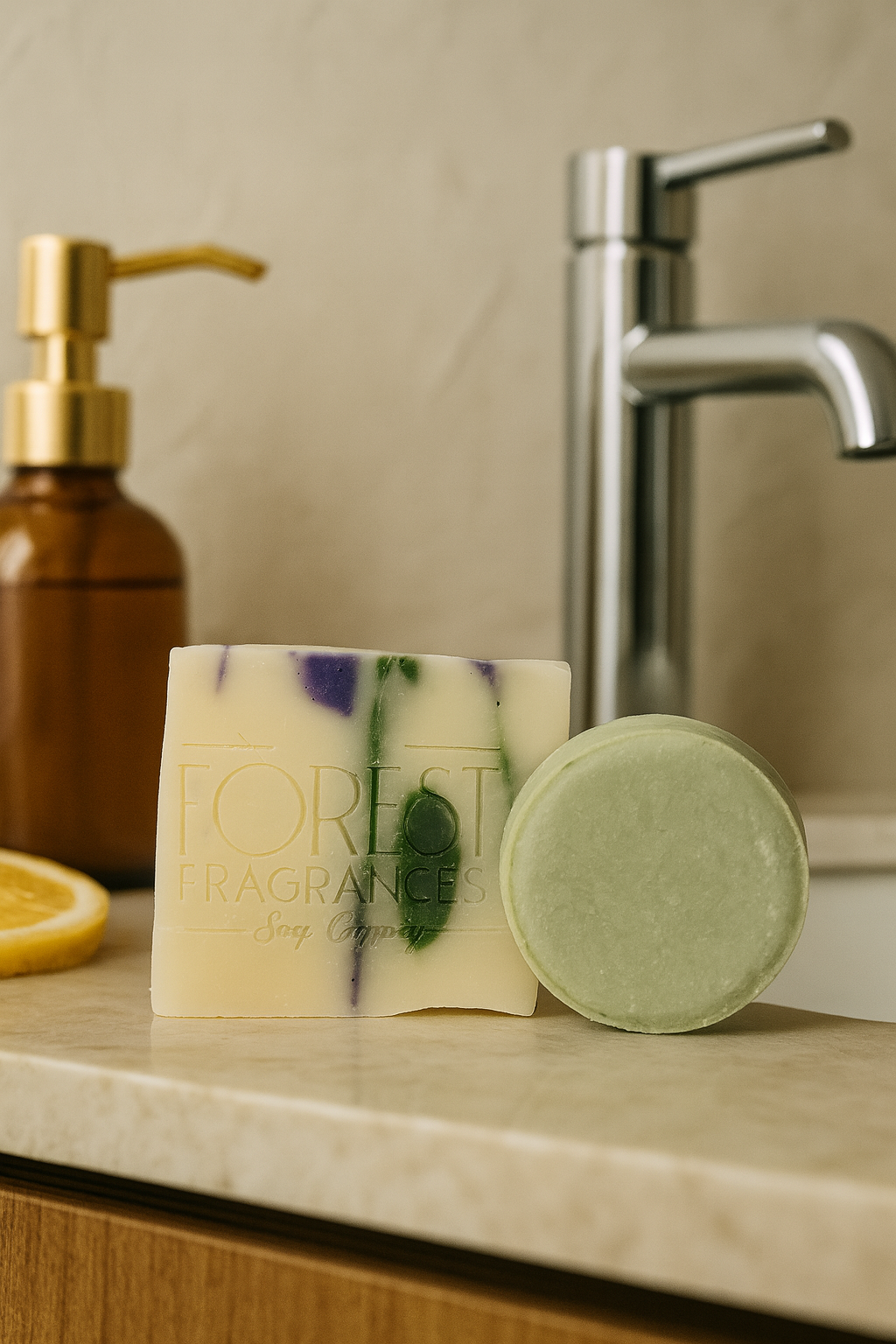 Een echt blok natuurlijke zeep en een syndet shampoo bar naast elkaar, ter illustratie van wat het verschil is tussen natuurlijke zeep en gewone zeep